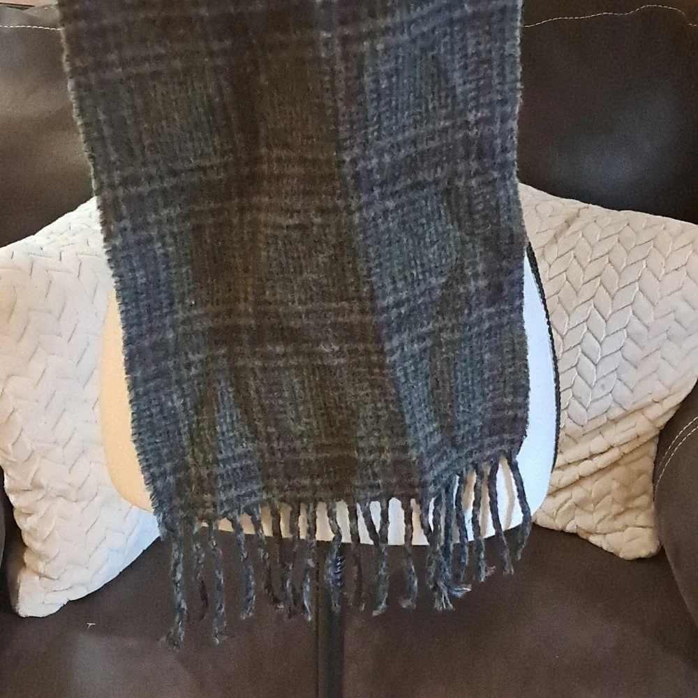Polo Ralph Lauren Lambswool Reversible Plaid Fringe Scarf Black Gray Purple